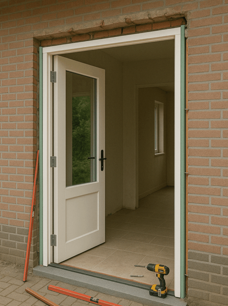 Deurkozijn van hout geplaatst in een bestaande muur